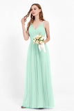romantic maxi bridesmaid dress features a V neckline empire waist pleated formal evening dresses