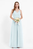 romantic maxi bridesmaid dress features a V neckline empire waist pleated formal evening dresses