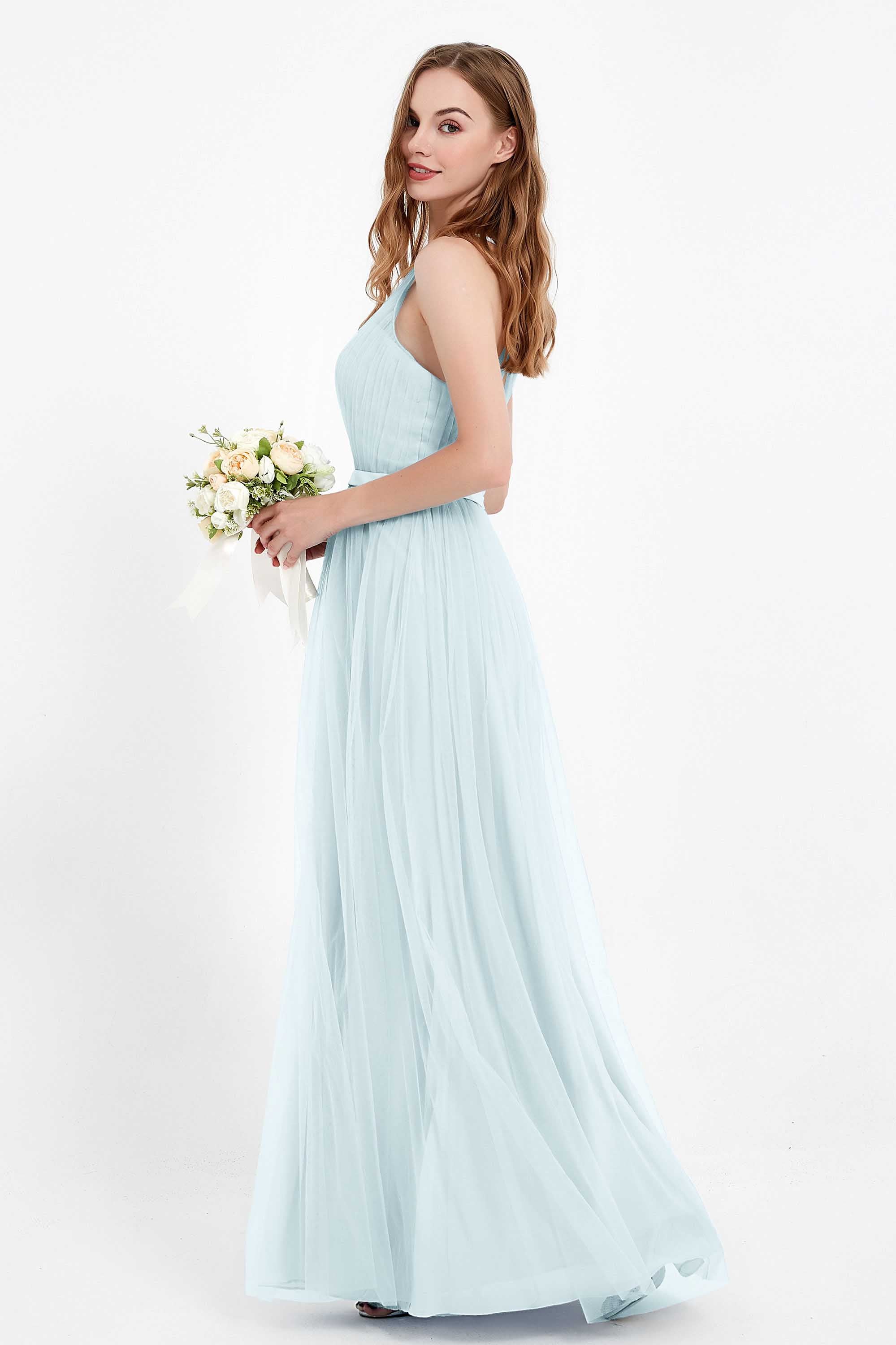 romantic maxi bridesmaid dress features a V neckline empire waist pleated formal evening dresses