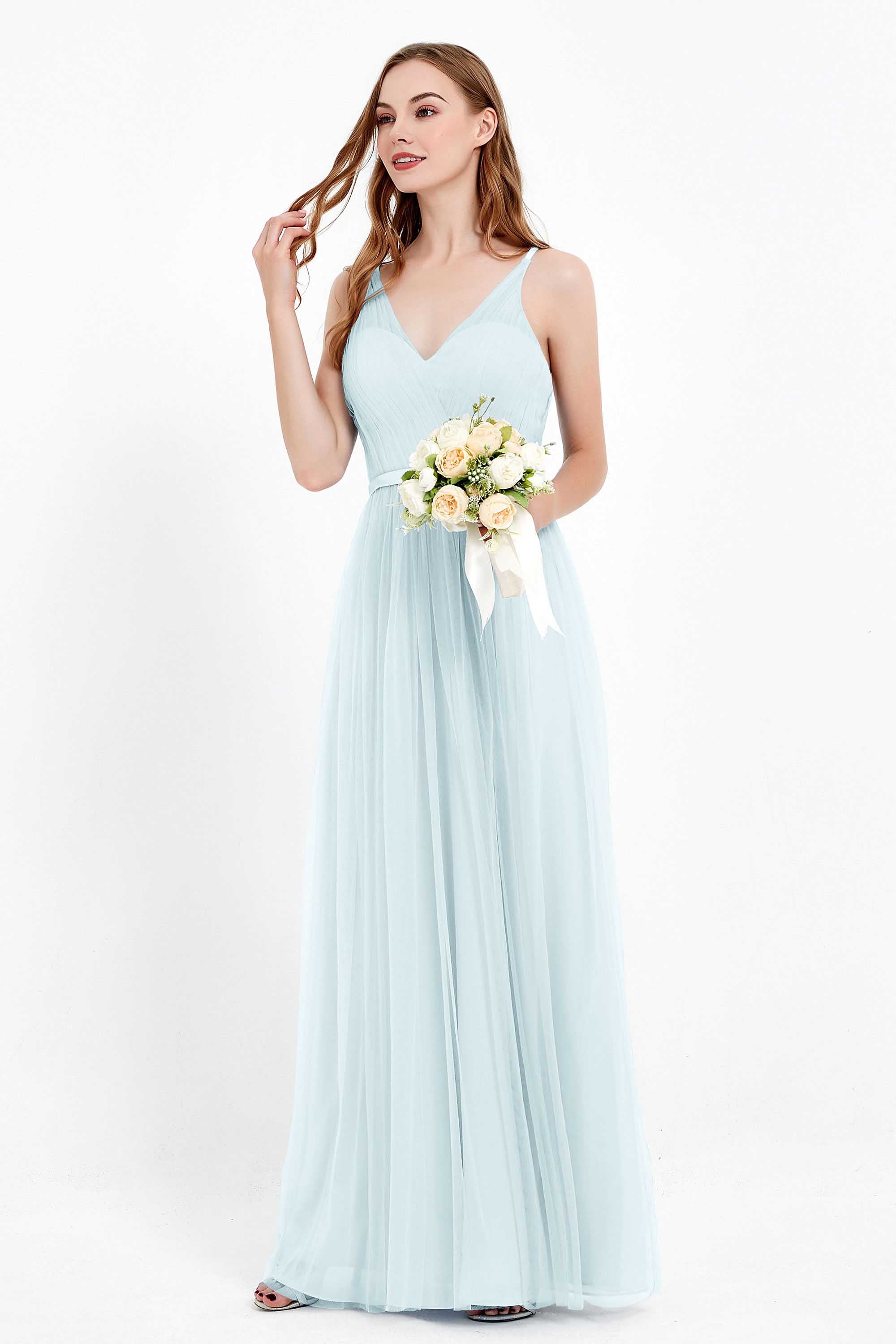 romantic maxi bridesmaid dress features a V neckline empire waist pleated formal evening dresses