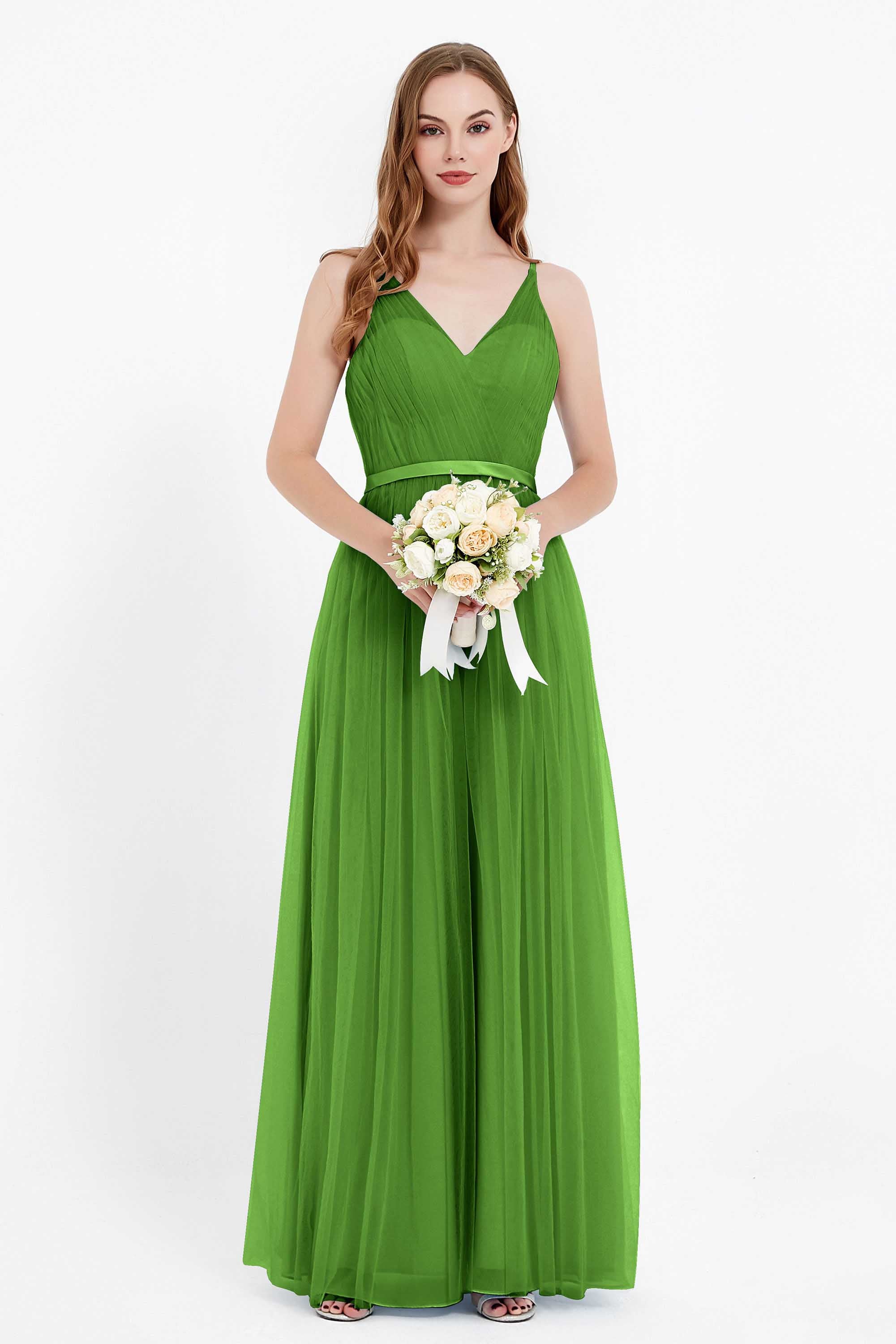 romantic maxi bridesmaid dress features a V neckline empire waist pleated formal evening dresses