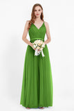 romantic maxi bridesmaid dress features a V neckline empire waist pleated formal evening dresses