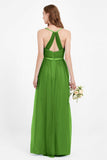 romantic maxi bridesmaid dress features a V neckline empire waist pleated formal evening dresses