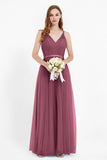 romantic maxi bridesmaid dress features a V neckline empire waist pleated formal evening dresses