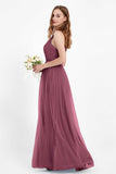 romantic maxi bridesmaid dress features a V neckline empire waist pleated formal evening dresses
