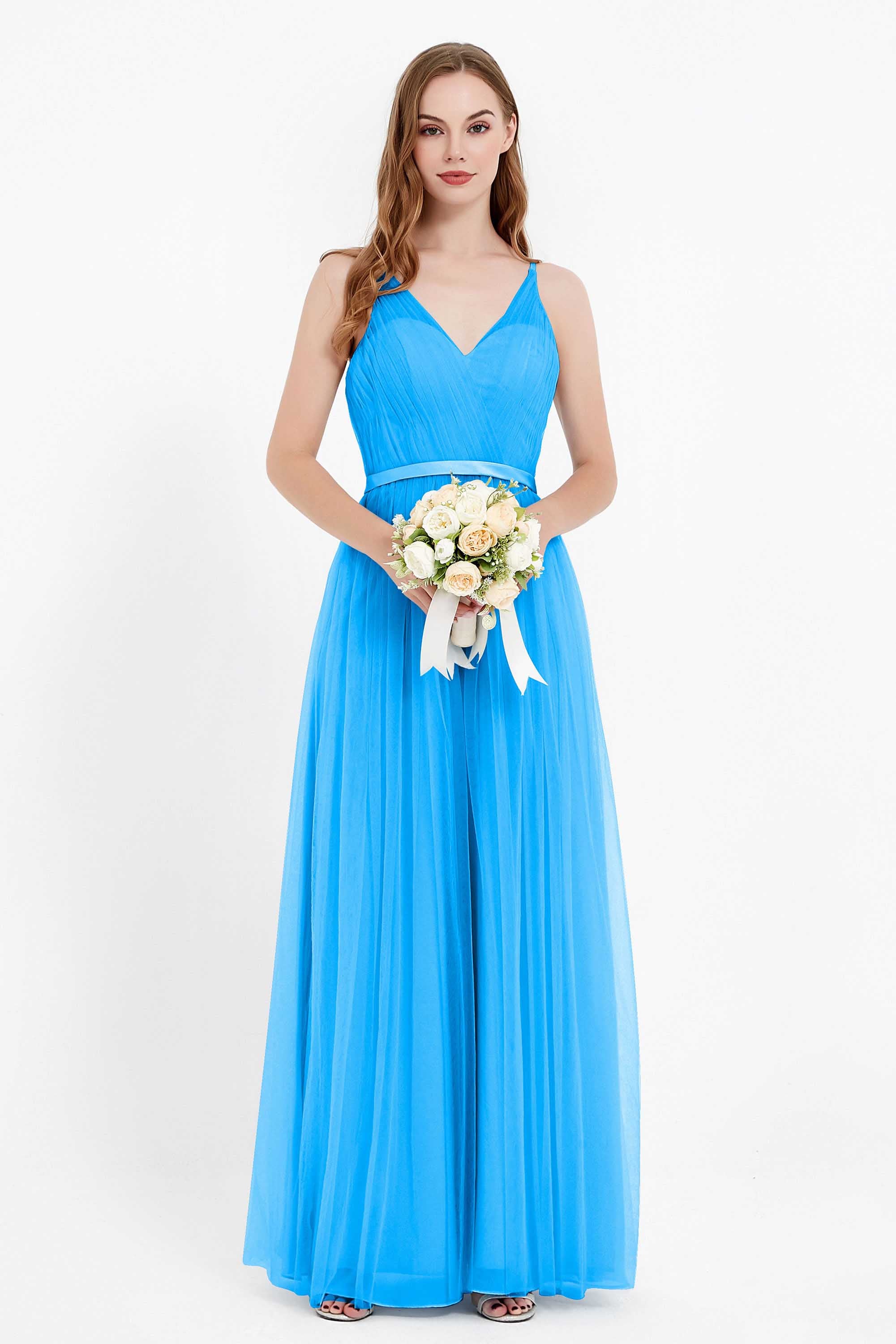 romantic maxi bridesmaid dress features a V neckline empire waist pleated formal evening dresses