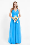 romantic maxi bridesmaid dress features a V neckline empire waist pleated formal evening dresses