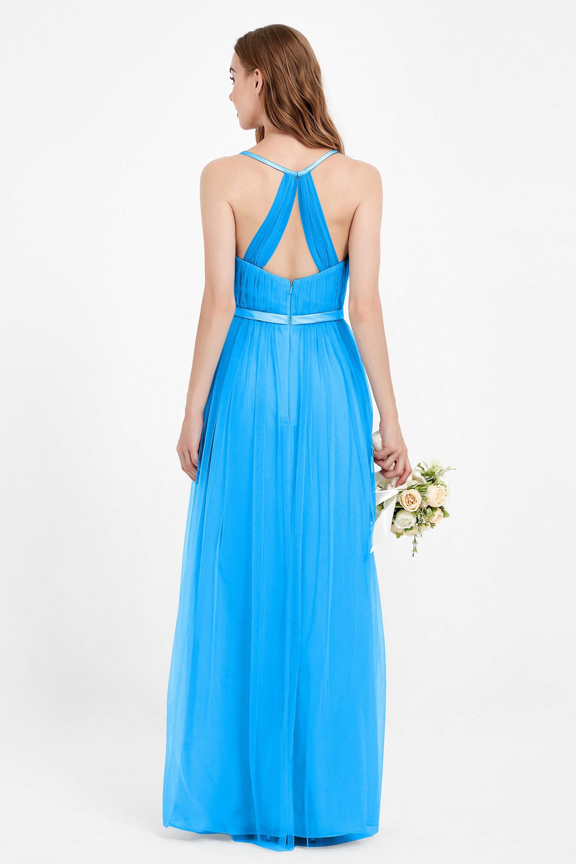 romantic maxi bridesmaid dress features a V neckline empire waist pleated formal evening dresses