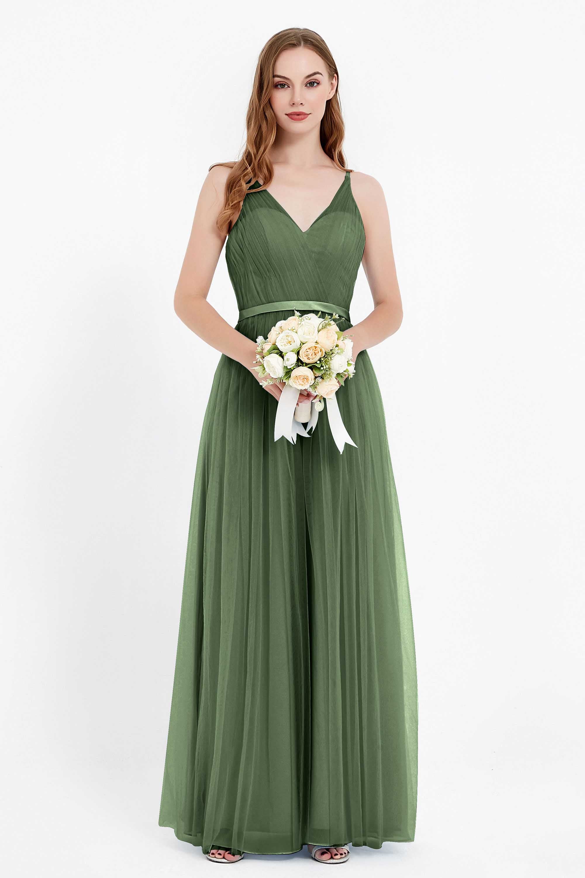 romantic maxi bridesmaid dress features a V neckline empire waist pleated formal evening dresses