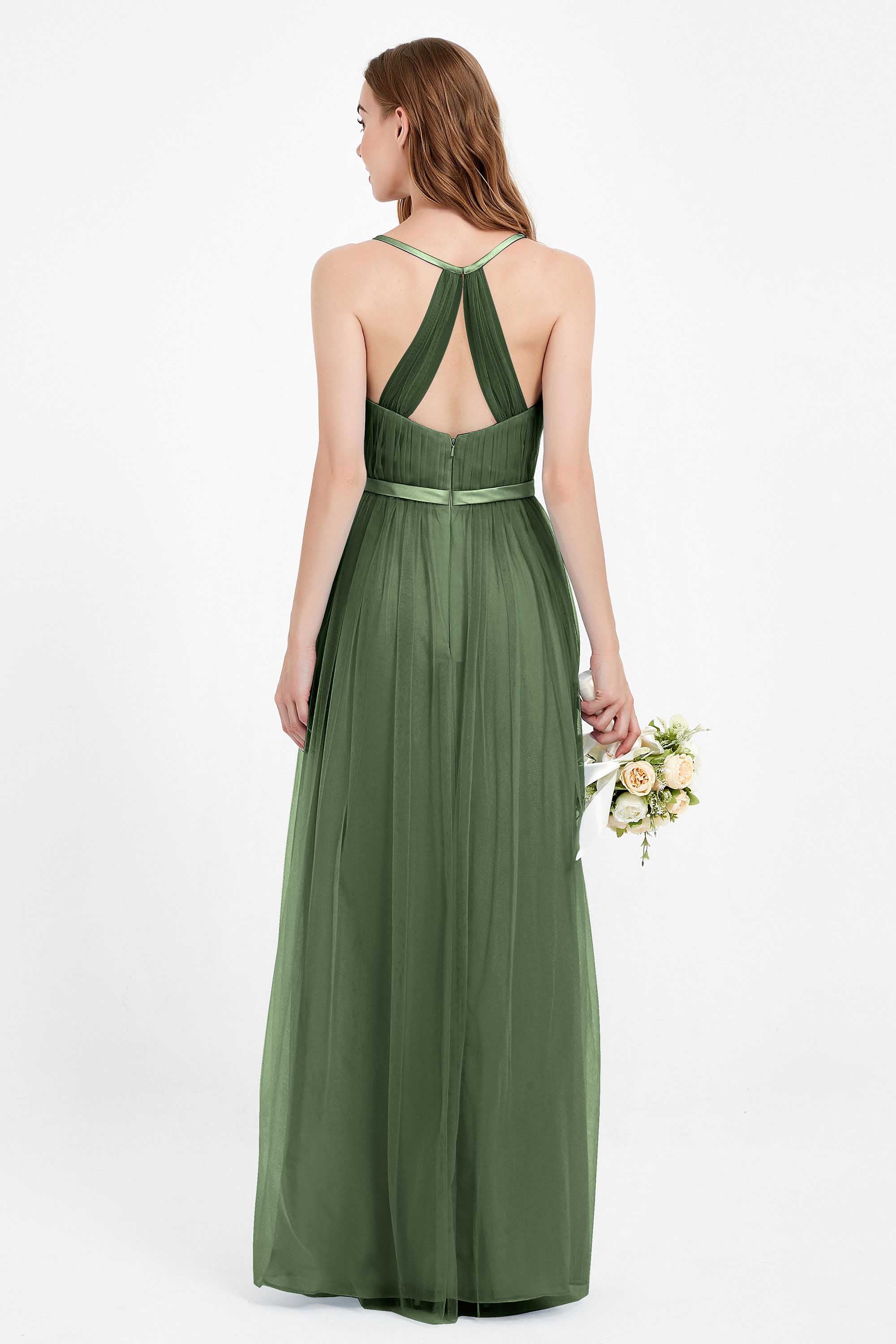 romantic maxi bridesmaid dress features a V neckline empire waist pleated formal evening dresses