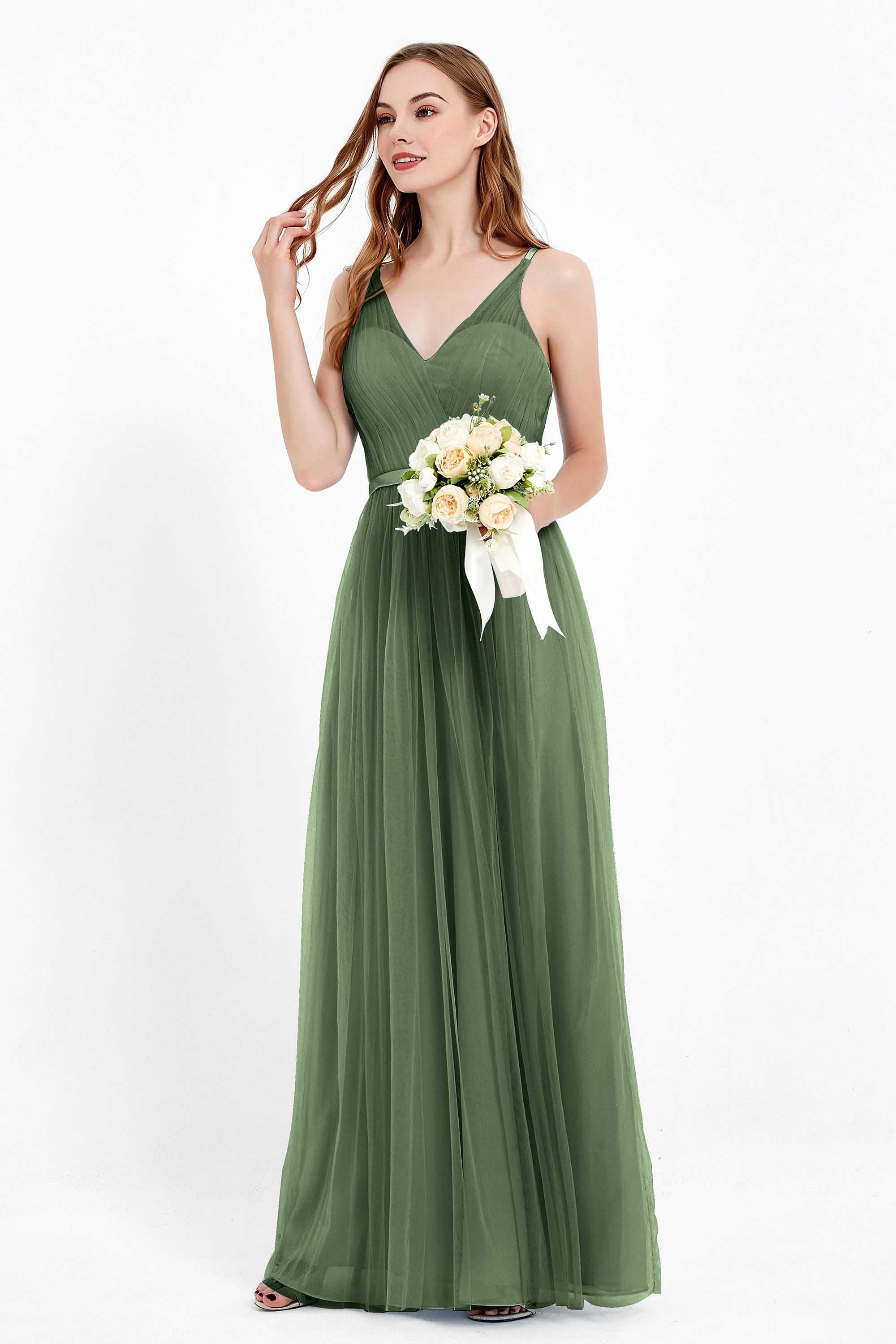 romantic maxi bridesmaid dress features a V neckline empire waist pleated formal evening dresses