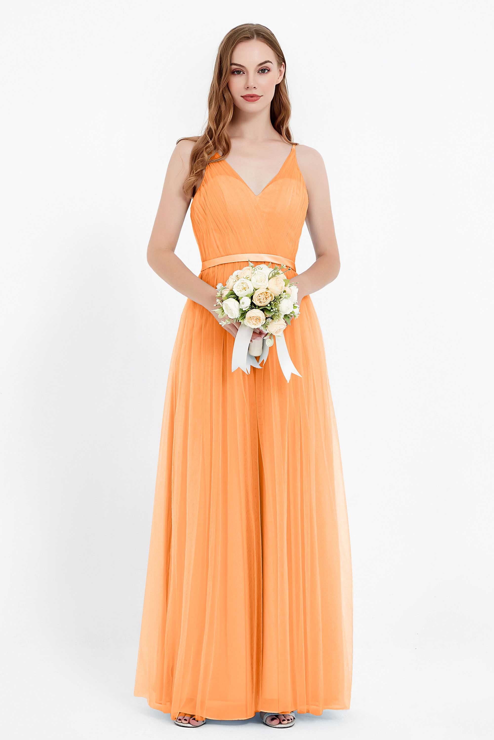 romantic maxi bridesmaid dress features a V neckline empire waist pleated formal evening dresses