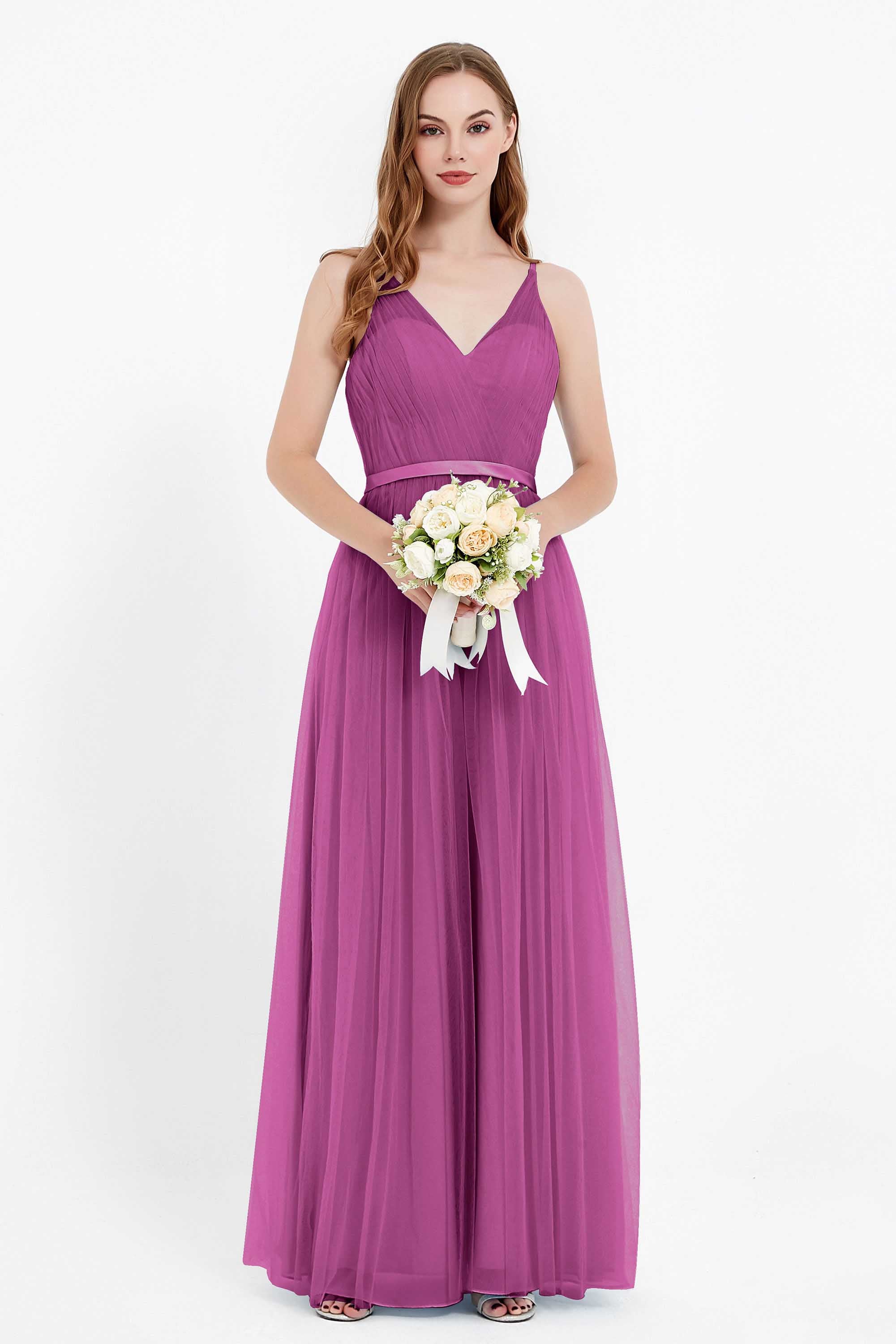 romantic maxi bridesmaid dress features a V neckline empire waist pleated formal evening dresses