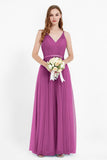 romantic maxi bridesmaid dress features a V neckline empire waist pleated formal evening dresses