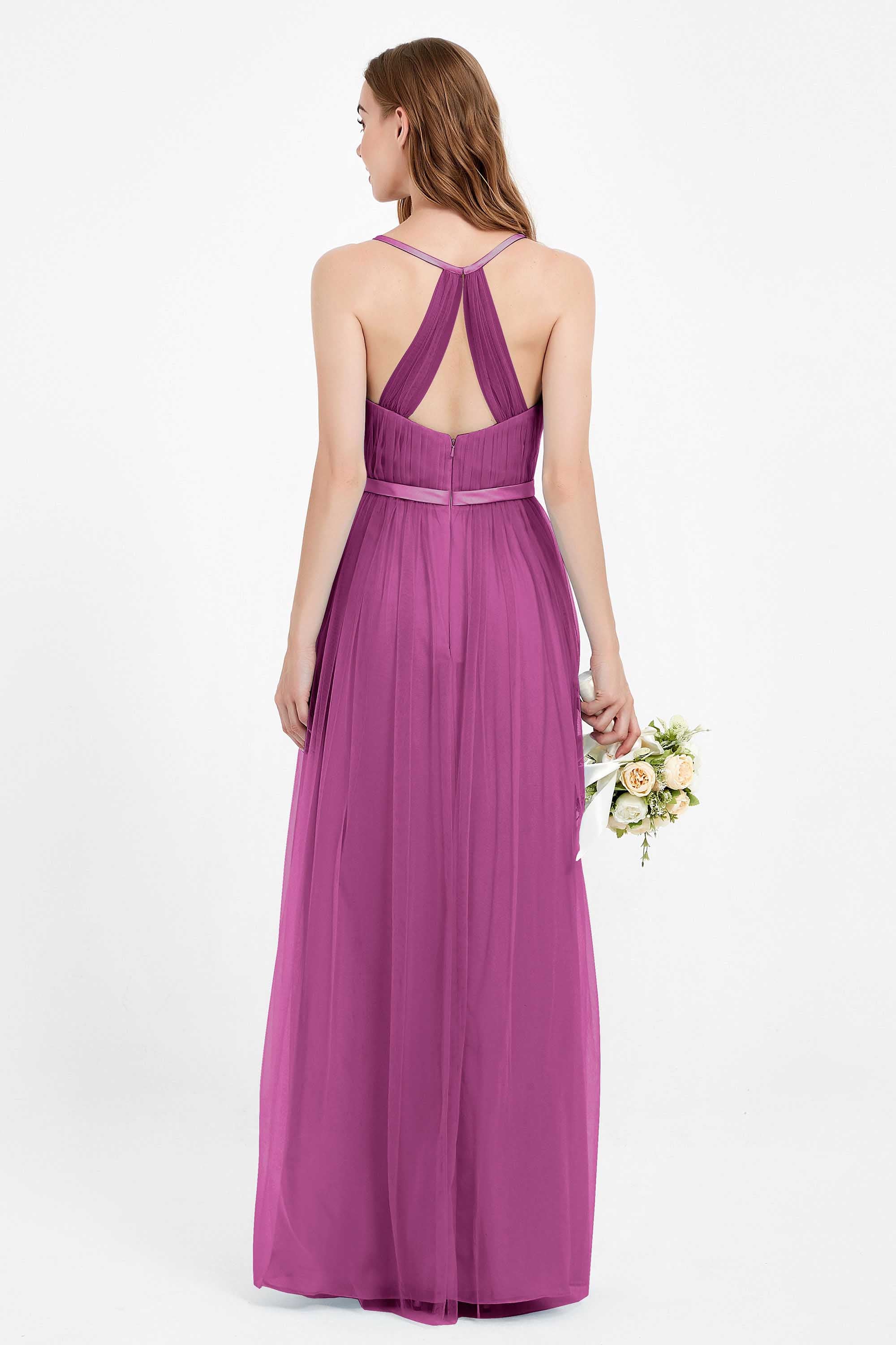 romantic maxi bridesmaid dress features a V neckline empire waist pleated formal evening dresses