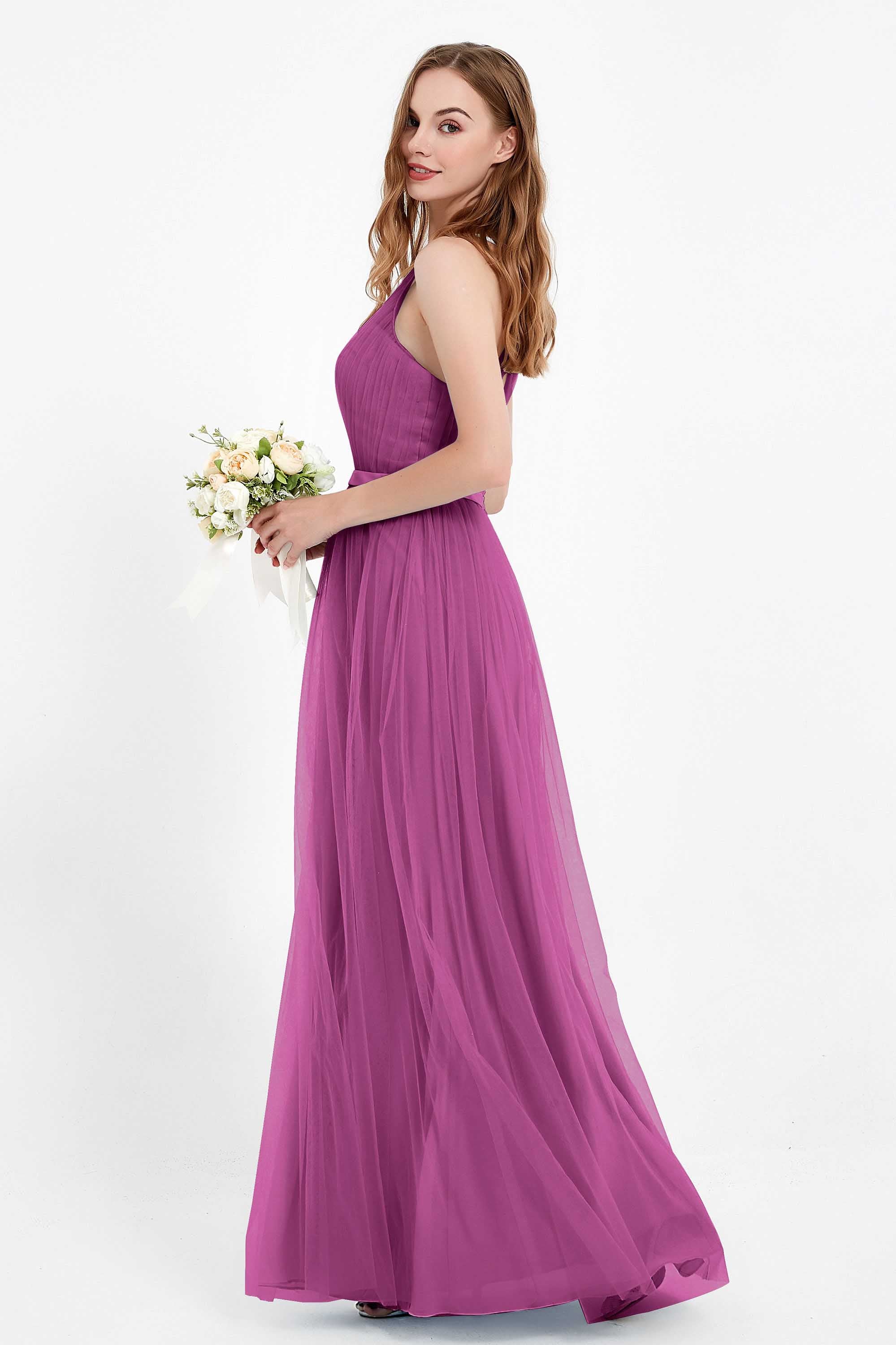 romantic maxi bridesmaid dress features a V neckline empire waist pleated formal evening dresses