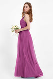 romantic maxi bridesmaid dress features a V neckline empire waist pleated formal evening dresses