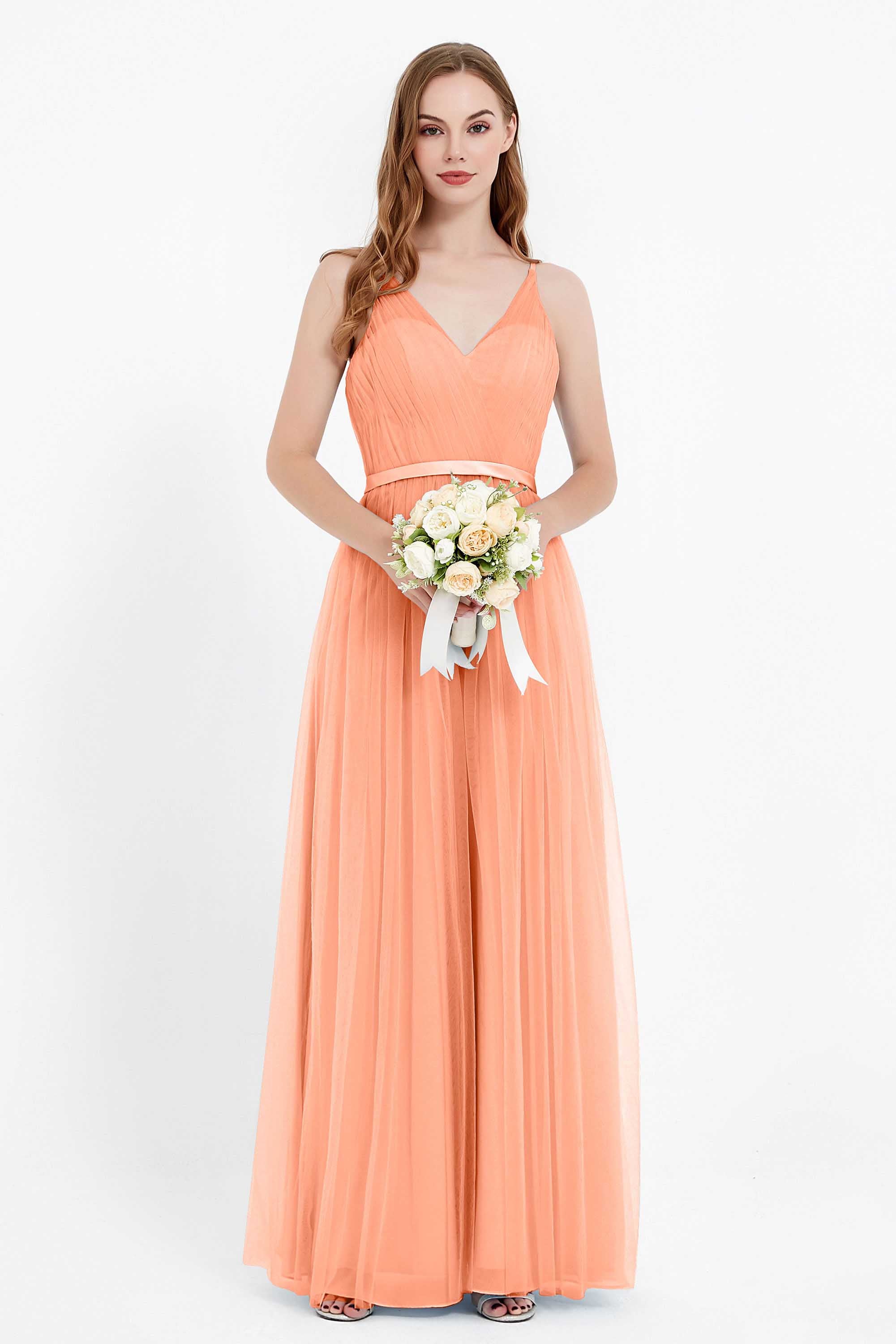 romantic maxi bridesmaid dress features a V neckline empire waist pleated formal evening dresses
