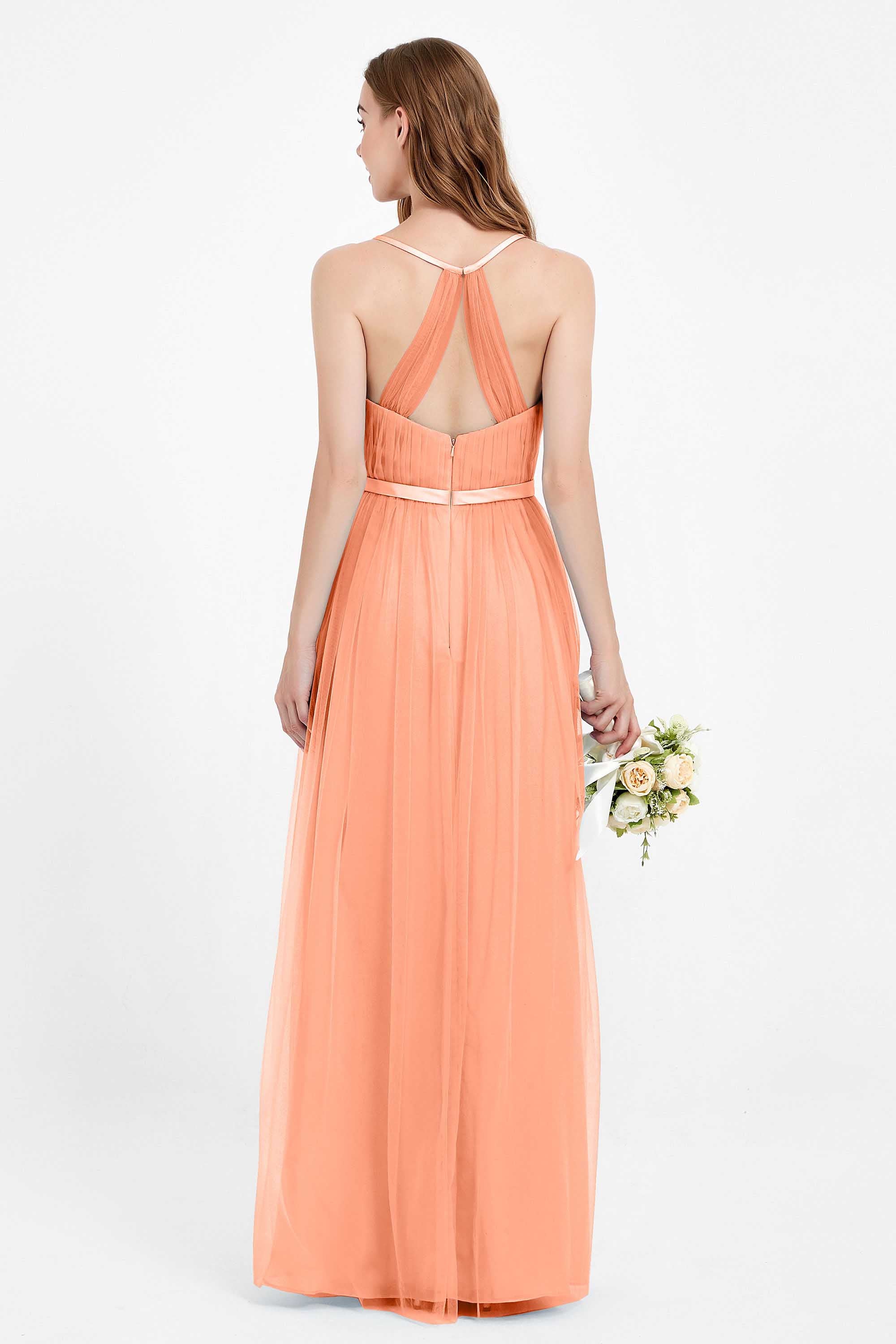 romantic maxi bridesmaid dress features a V neckline empire waist pleated formal evening dresses