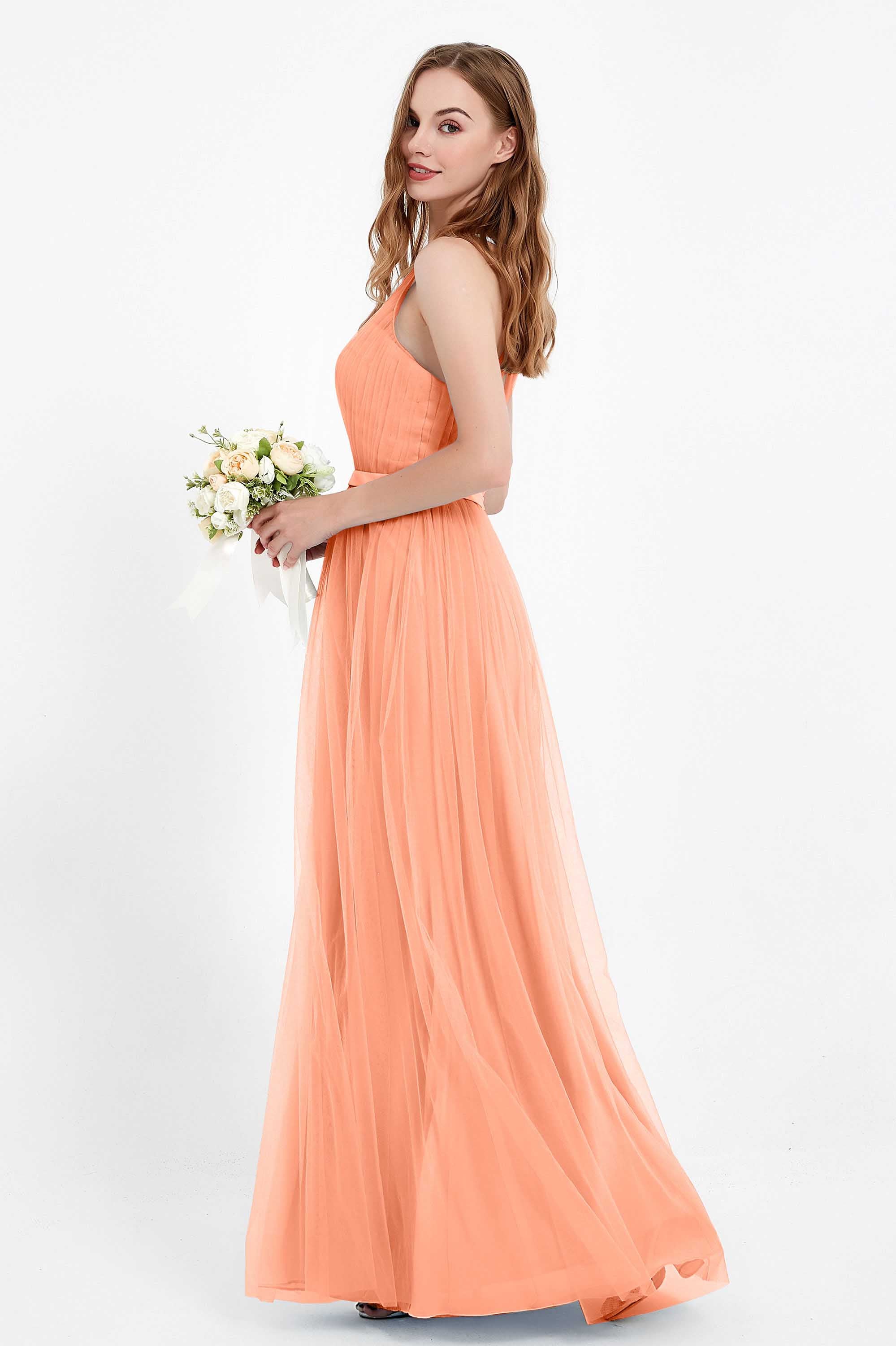 romantic maxi bridesmaid dress features a V neckline empire waist pleated formal evening dresses