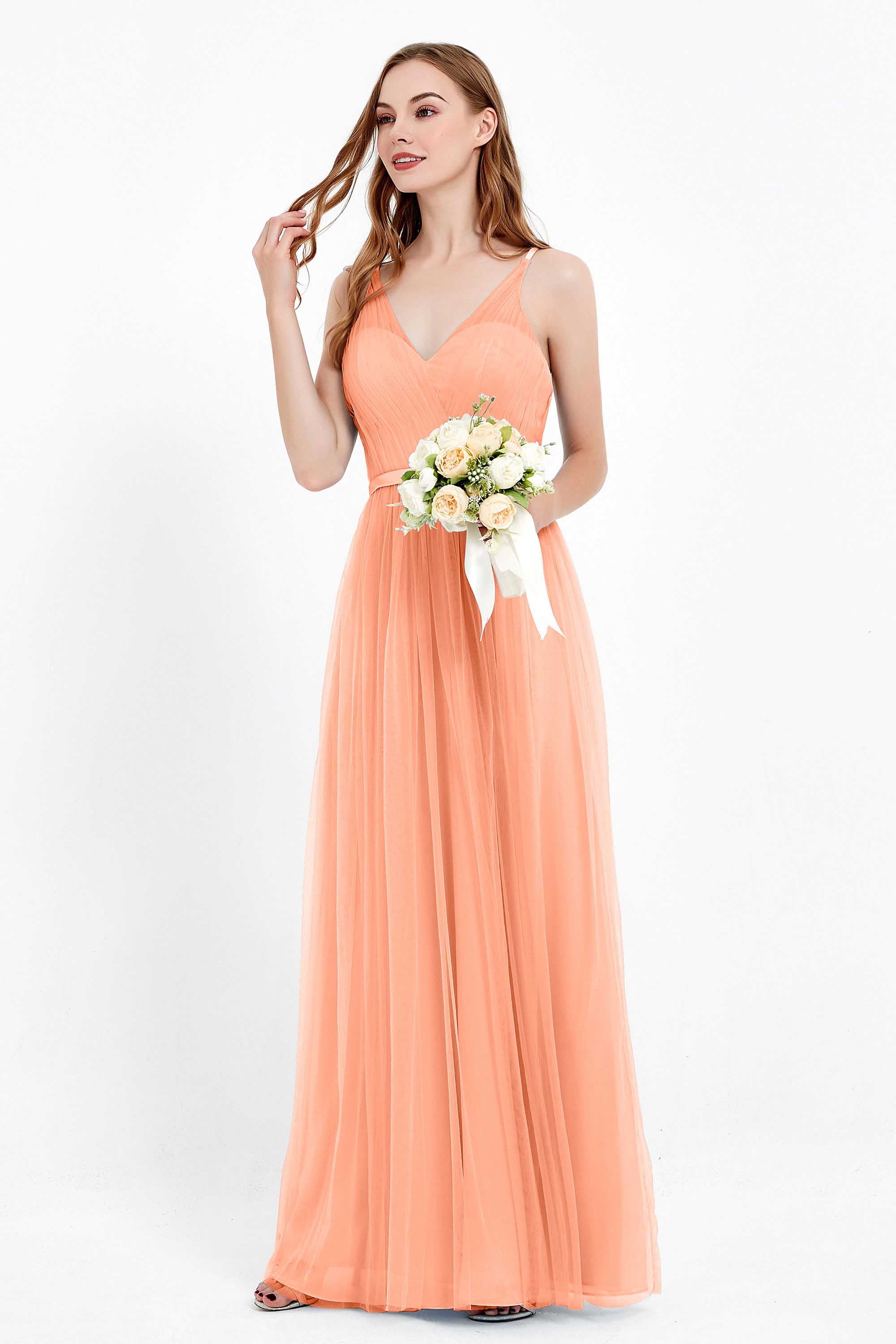 romantic maxi bridesmaid dress features a V neckline empire waist pleated formal evening dresses