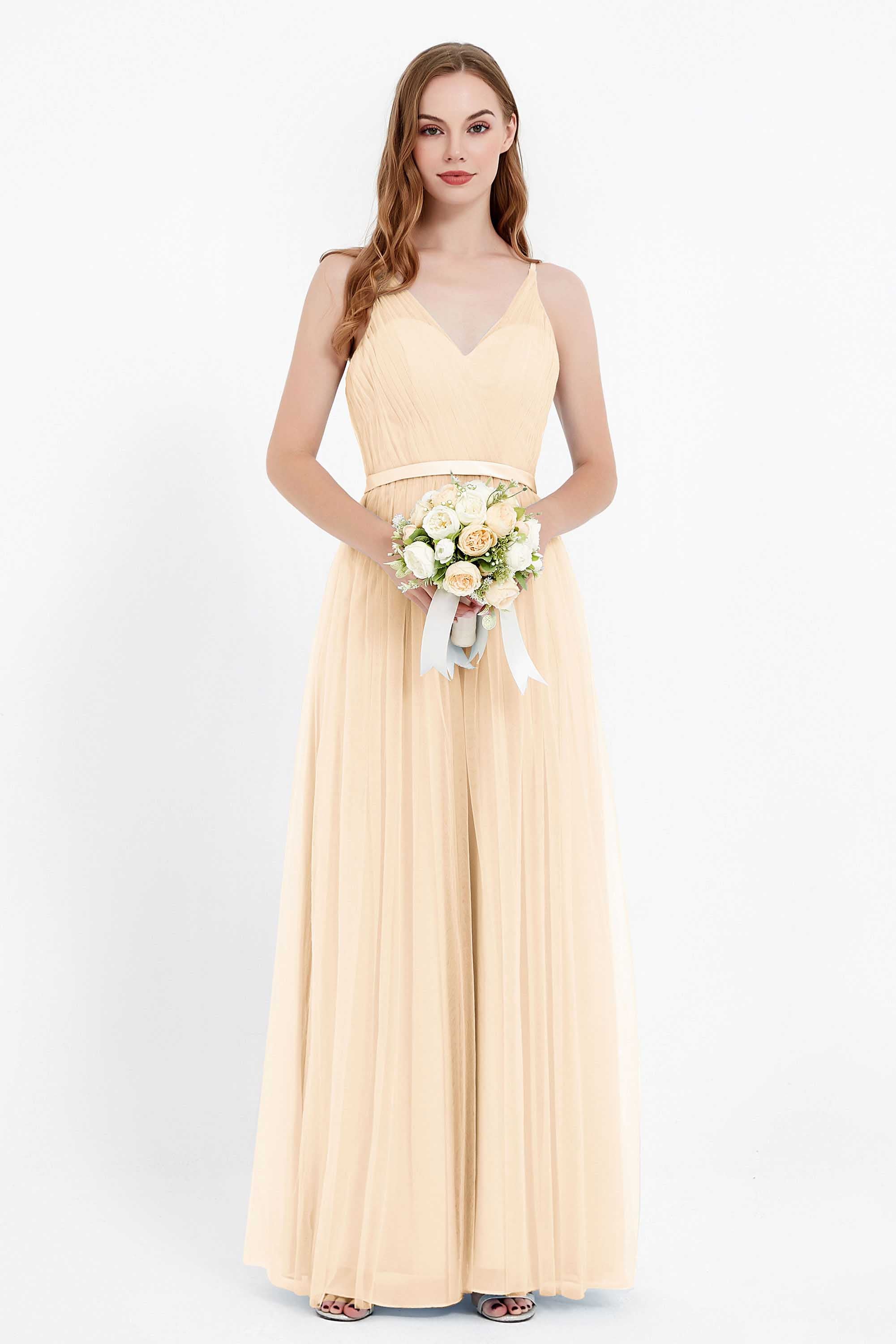 romantic maxi bridesmaid dress features a V neckline empire waist pleated formal evening dresses