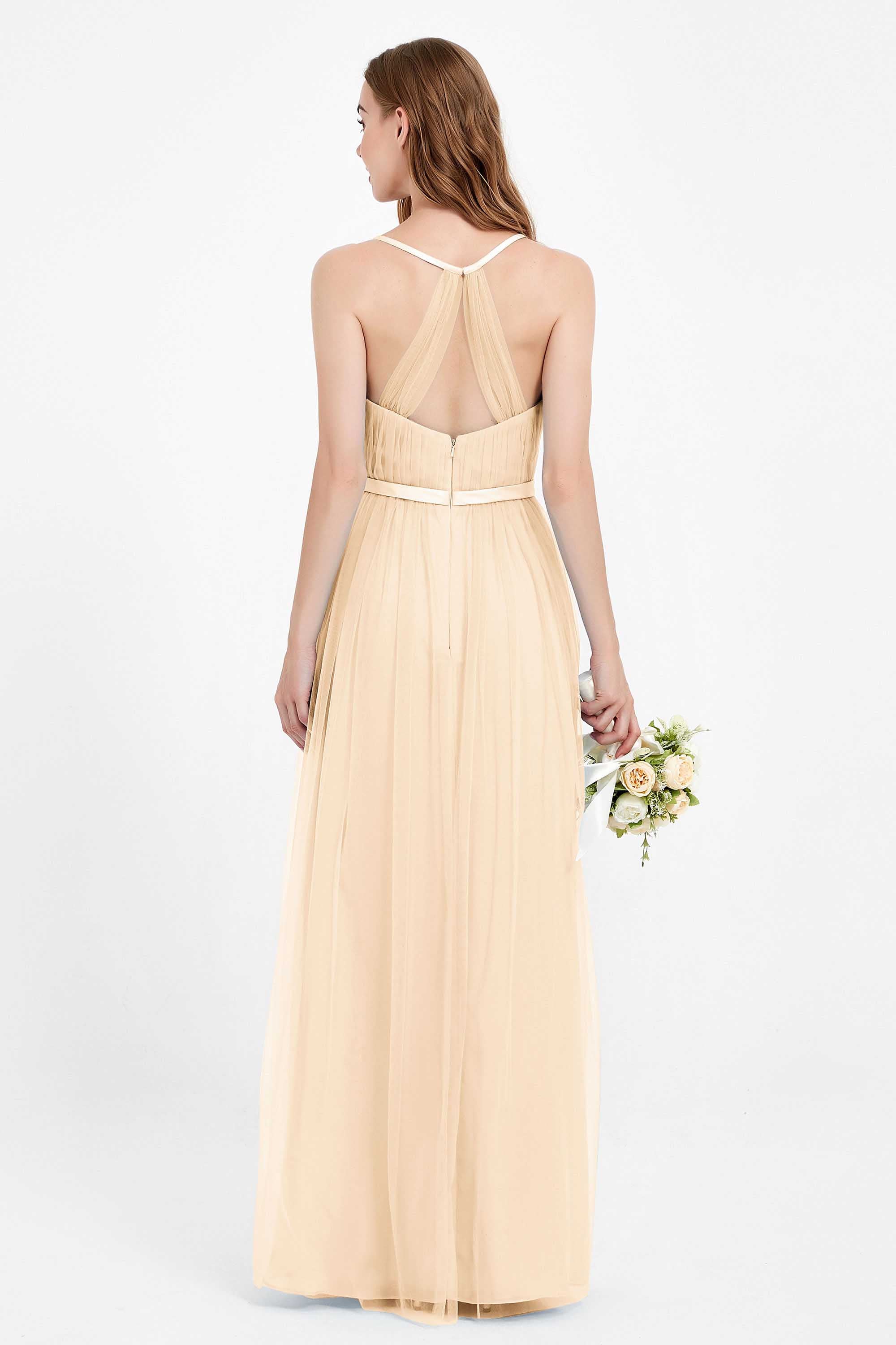 romantic maxi bridesmaid dress features a V neckline empire waist pleated formal evening dresses