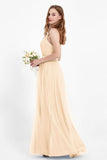romantic maxi bridesmaid dress features a V neckline empire waist pleated formal evening dresses