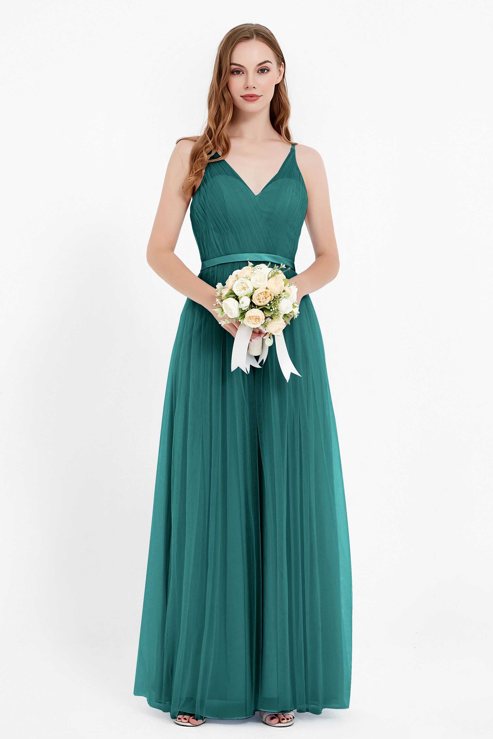 romantic maxi bridesmaid dress features a V neckline empire waist pleated formal evening dresses