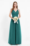 romantic maxi bridesmaid dress features a V neckline empire waist pleated formal evening dresses