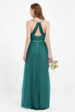 romantic maxi bridesmaid dress features a V neckline empire waist pleated formal evening dresses