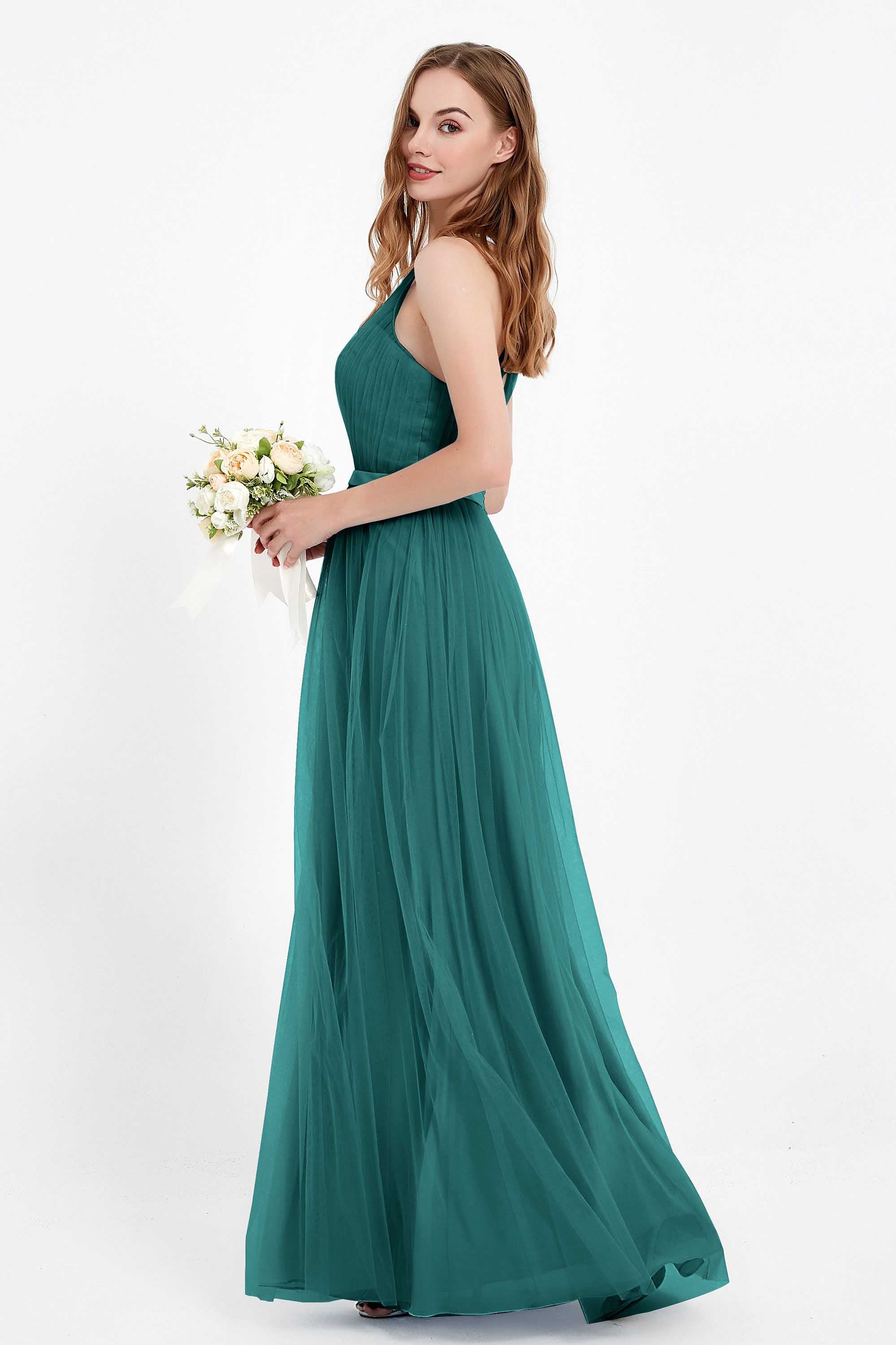 romantic maxi bridesmaid dress features a V neckline empire waist pleated formal evening dresses