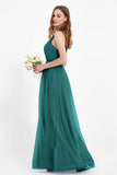 romantic maxi bridesmaid dress features a V neckline empire waist pleated formal evening dresses