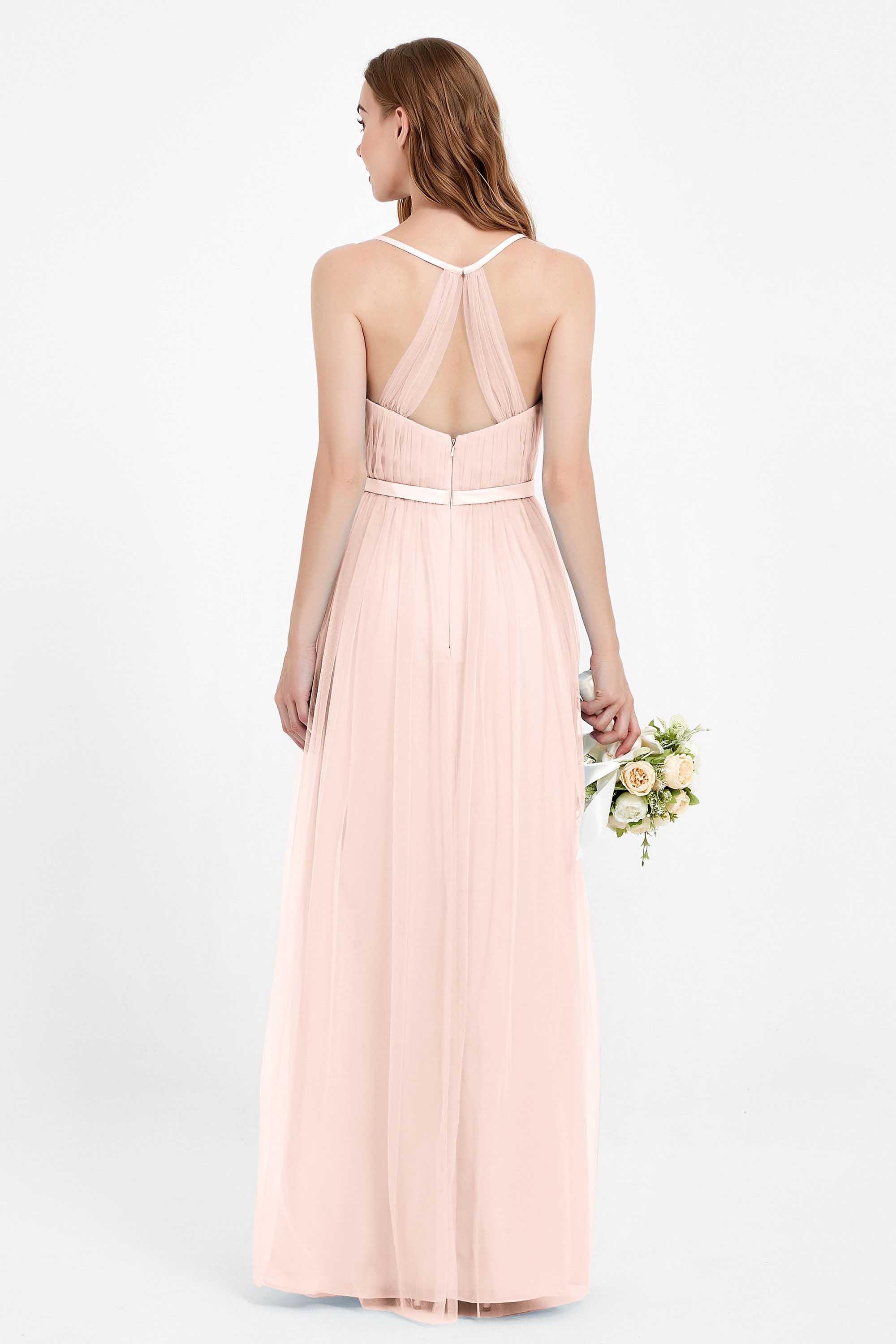 romantic maxi bridesmaid dress features a V neckline empire waist pleated formal evening dresses
