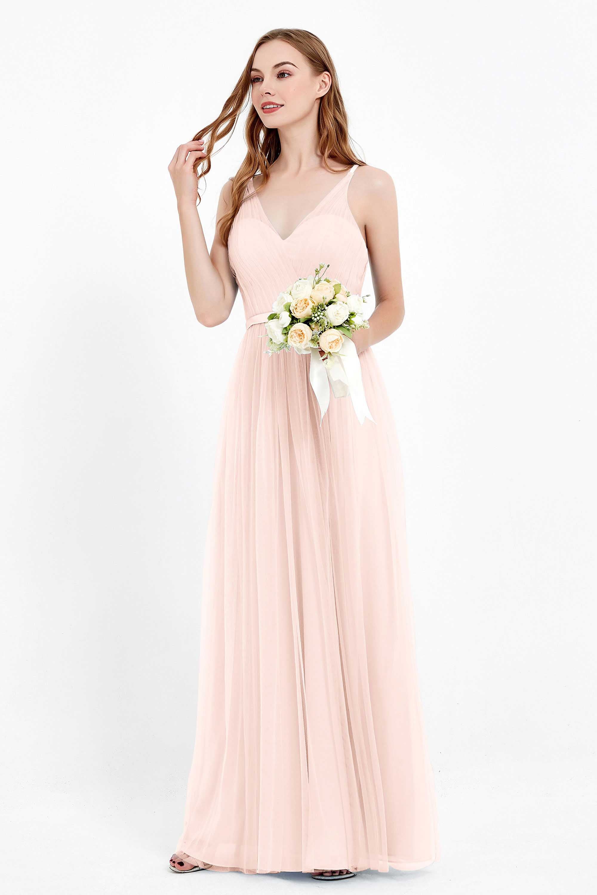 romantic maxi bridesmaid dress features a V neckline empire waist pleated formal evening dresses