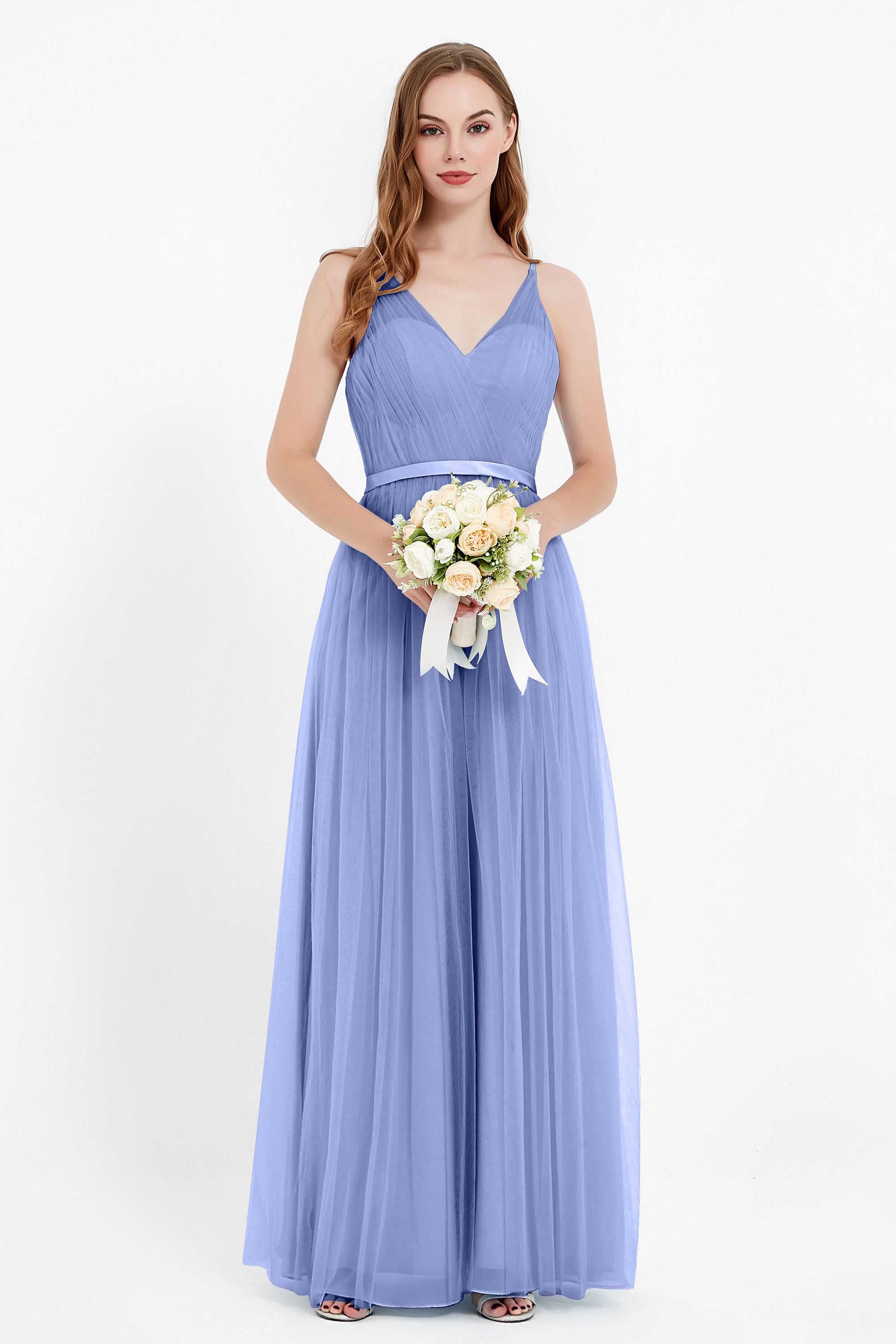 romantic maxi bridesmaid dress features a V neckline empire waist pleated formal evening dresses