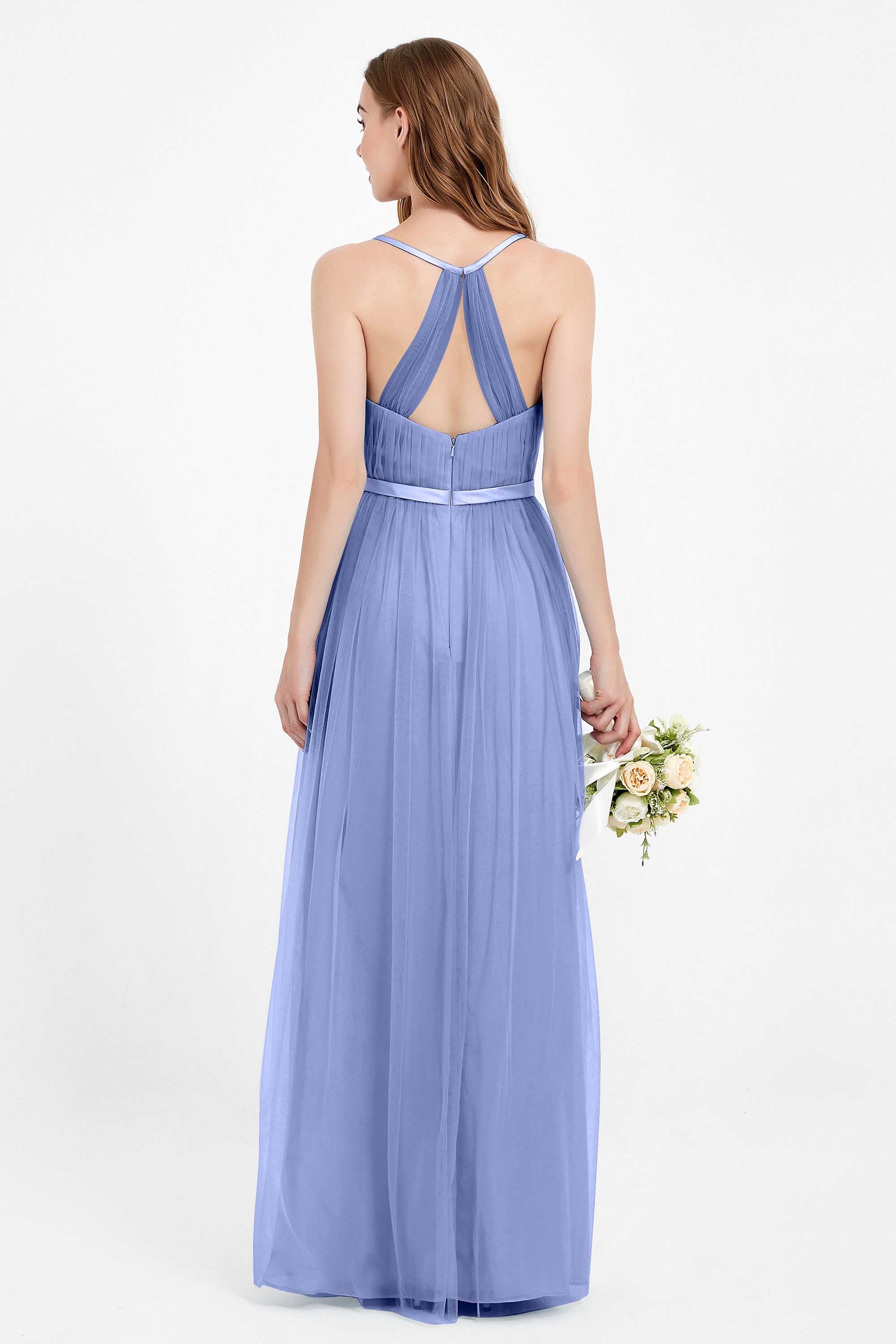 romantic maxi bridesmaid dress features a V neckline empire waist pleated formal evening dresses