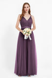 romantic maxi bridesmaid dress features a V neckline empire waist pleated formal evening dresses