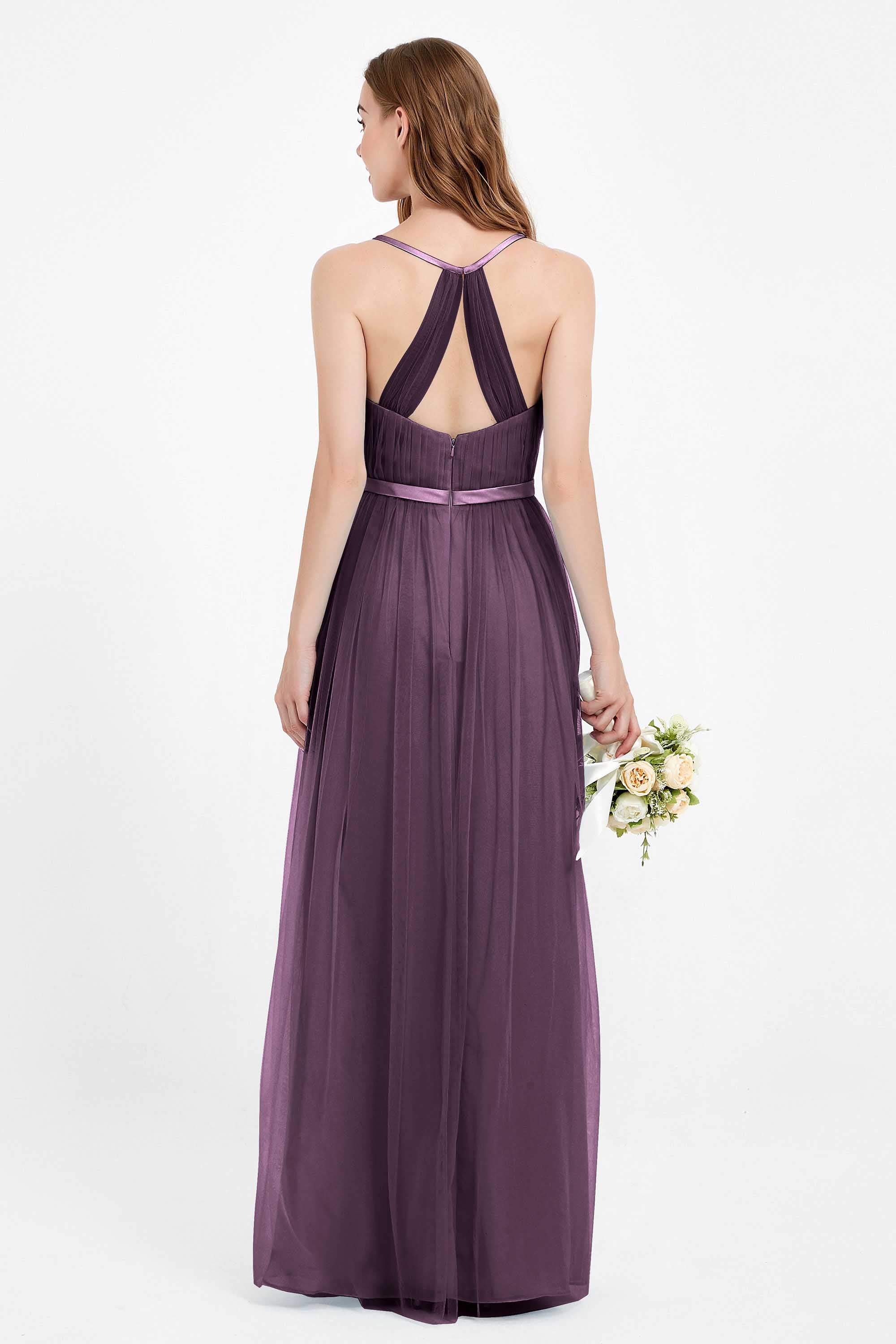 romantic maxi bridesmaid dress features a V neckline empire waist pleated formal evening dresses