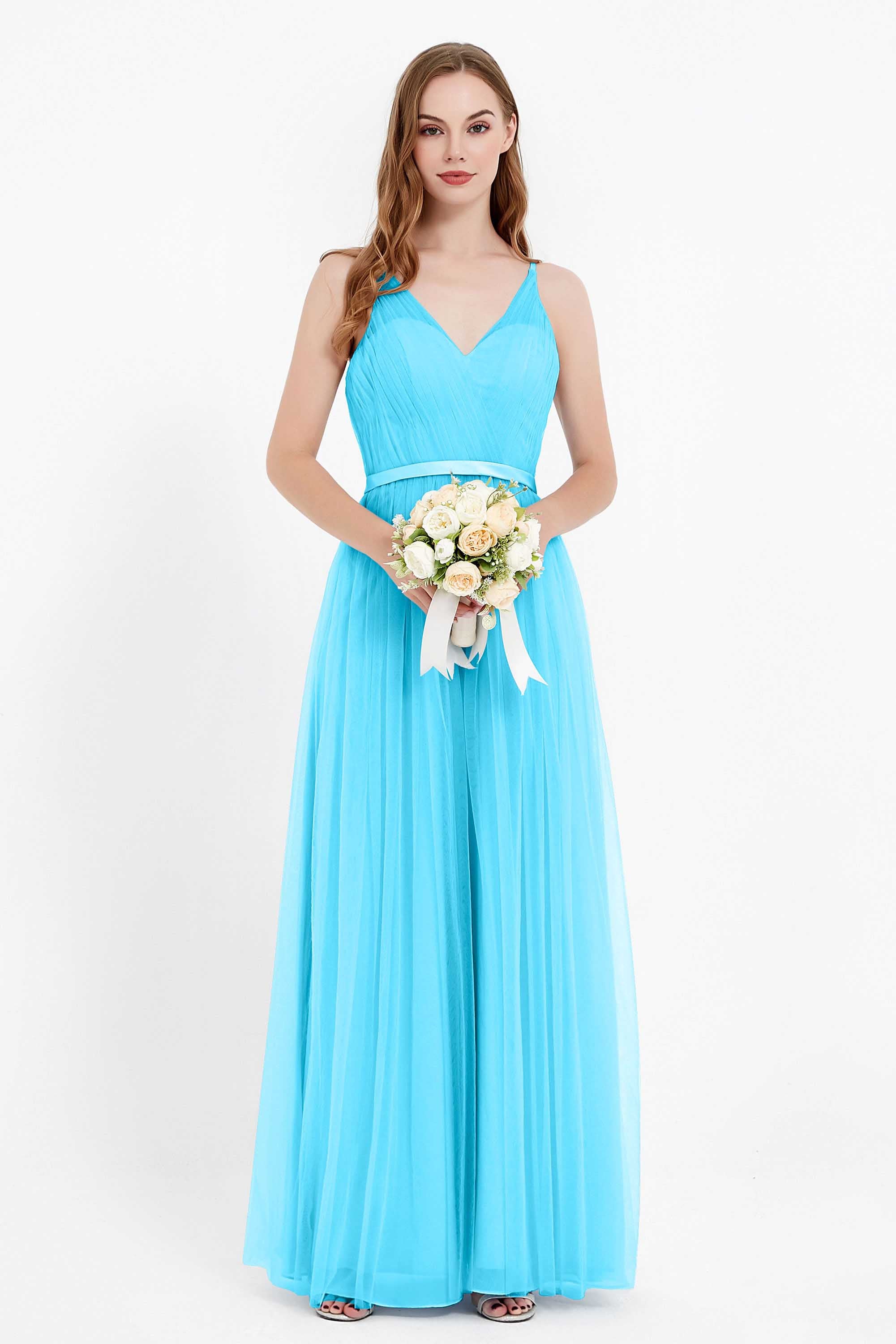 romantic maxi bridesmaid dress features a V neckline empire waist pleated formal evening dresses