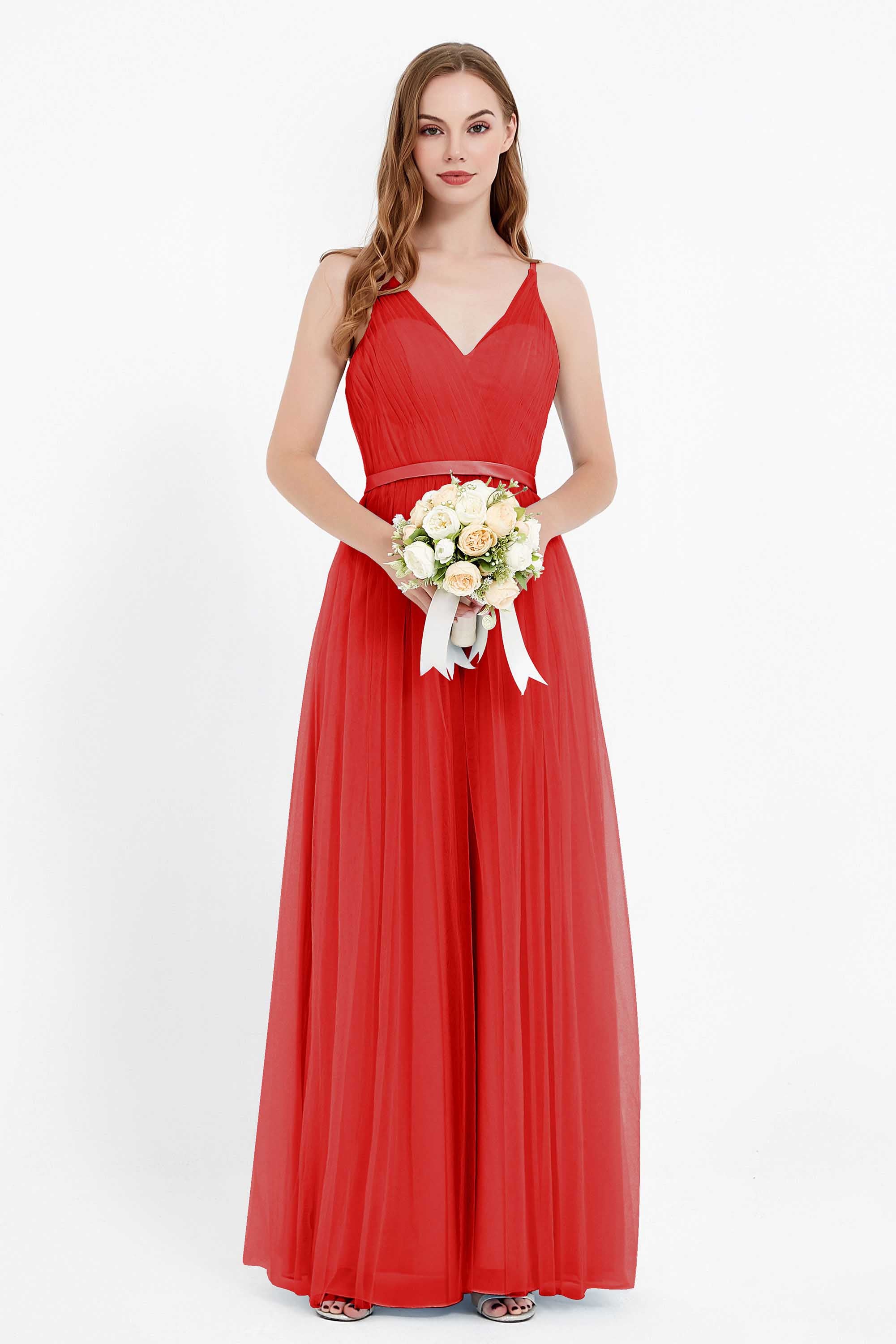 romantic maxi bridesmaid dress features a V neckline empire waist pleated formal evening dresses