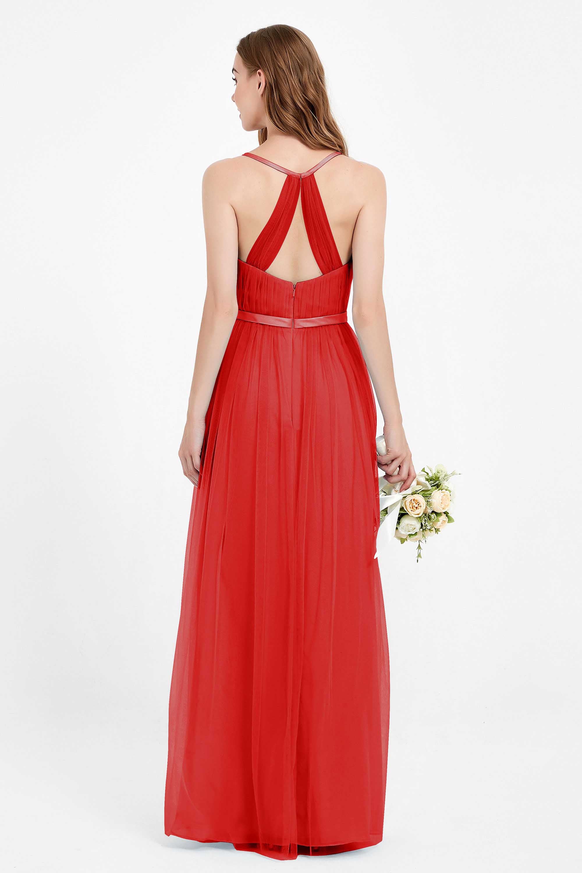 romantic maxi bridesmaid dress features a V neckline empire waist pleated formal evening dresses