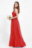 romantic maxi bridesmaid dress features a V neckline empire waist pleated formal evening dresses
