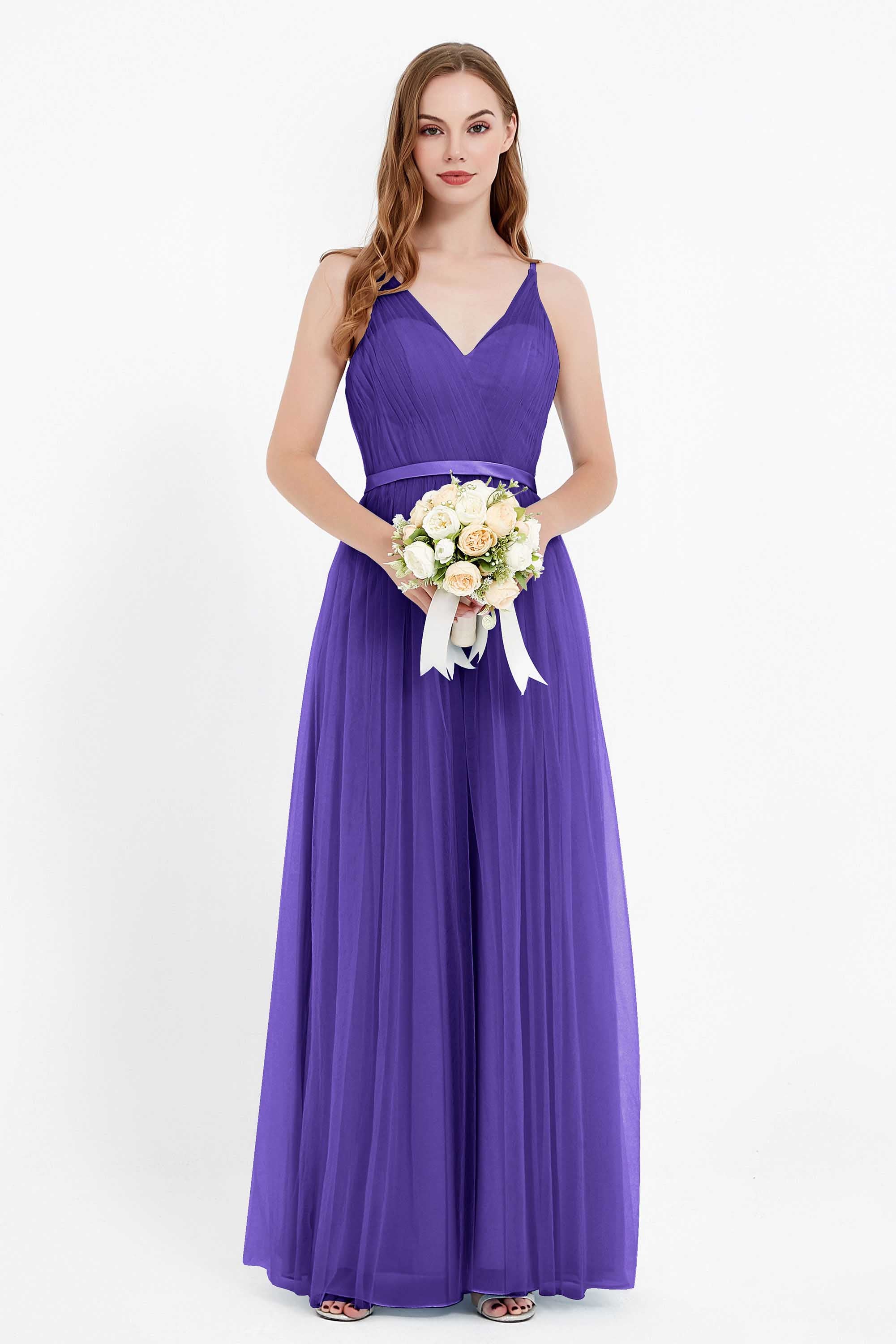 romantic maxi bridesmaid dress features a V neckline empire waist pleated formal evening dresses