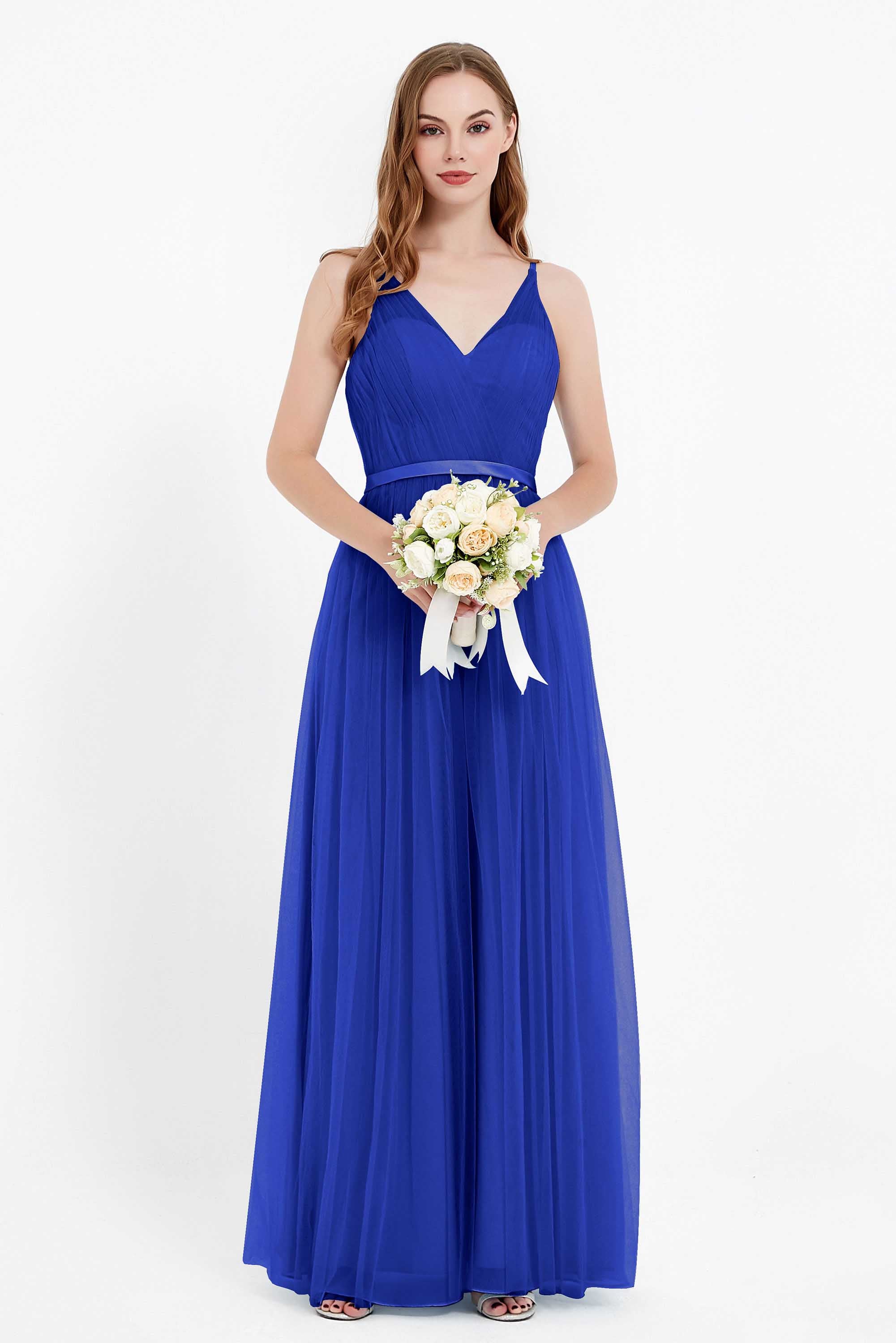 romantic maxi bridesmaid dress features a V neckline empire waist pleated formal evening dresses