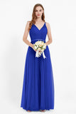 romantic maxi bridesmaid dress features a V neckline empire waist pleated formal evening dresses