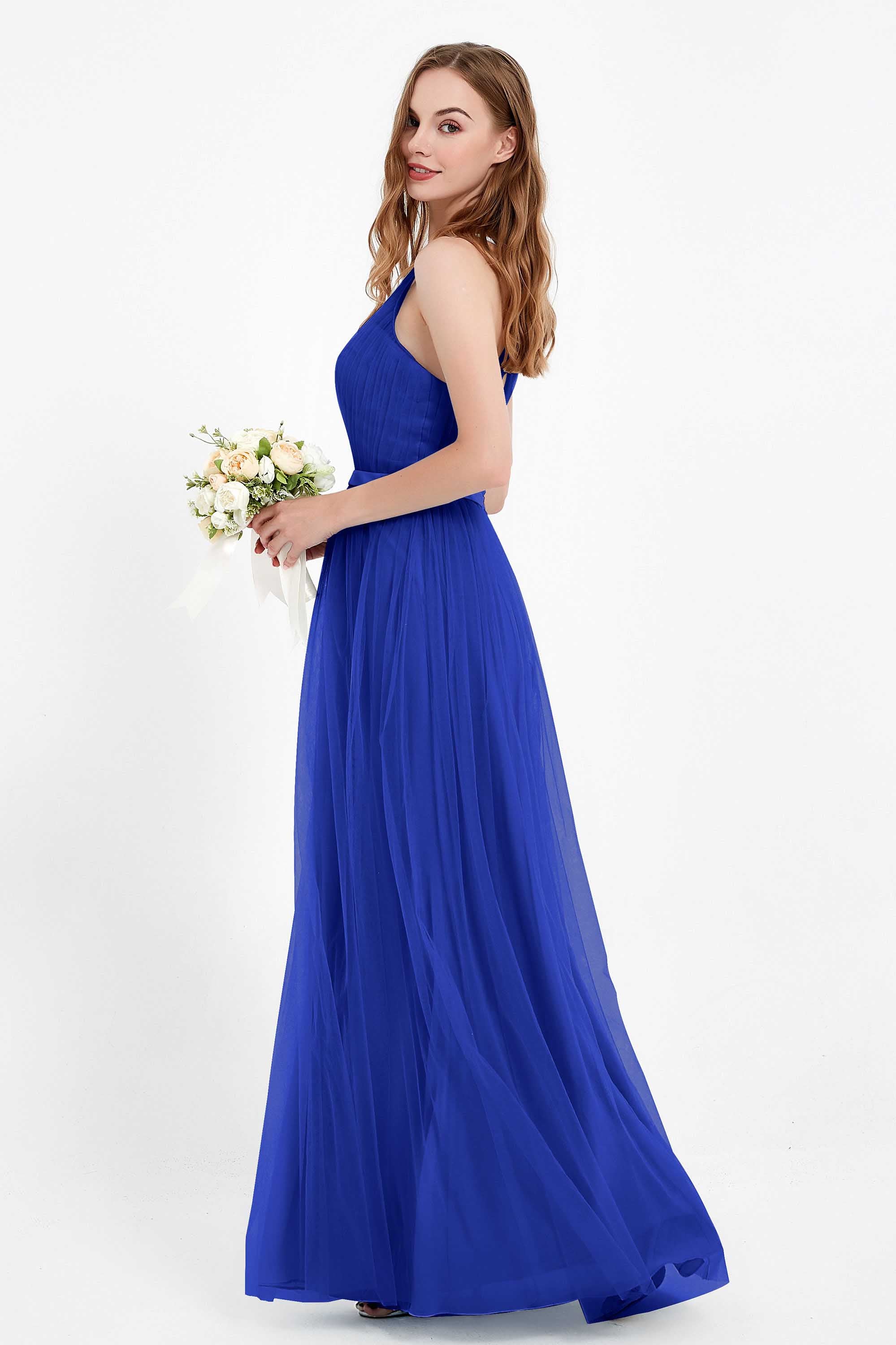 romantic maxi bridesmaid dress features a V neckline empire waist pleated formal evening dresses