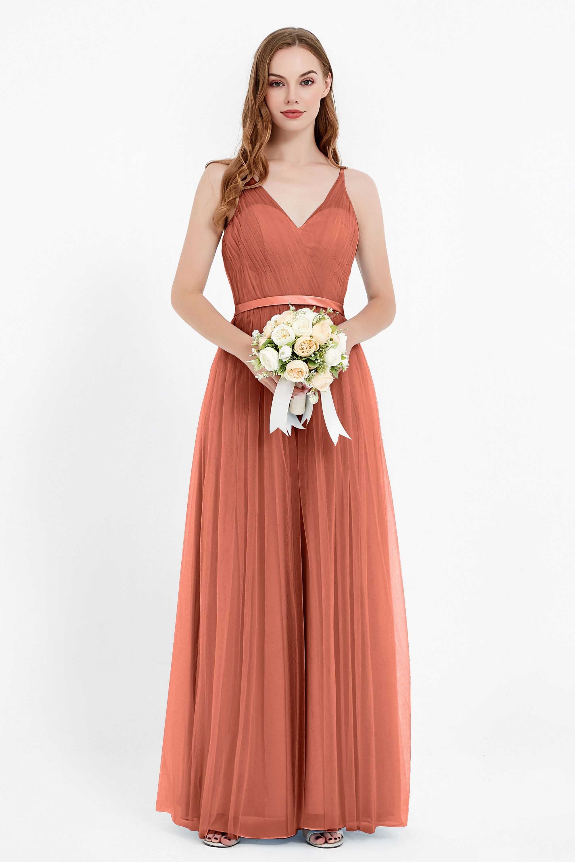 romantic maxi bridesmaid dress features a V neckline empire waist pleated formal evening dresses
