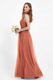 romantic maxi bridesmaid dress features a V neckline empire waist pleated formal evening dresses