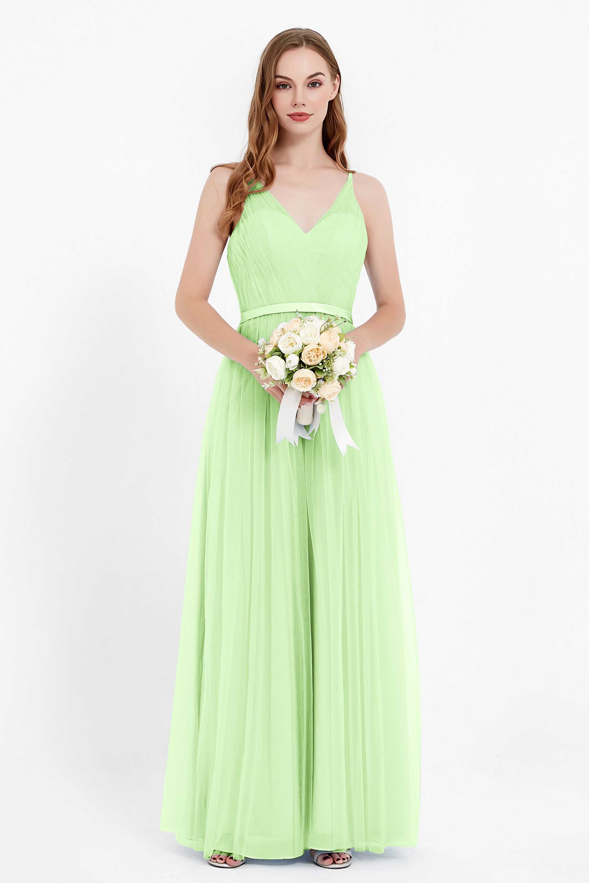 romantic maxi bridesmaid dress features a V neckline empire waist pleated formal evening dresses